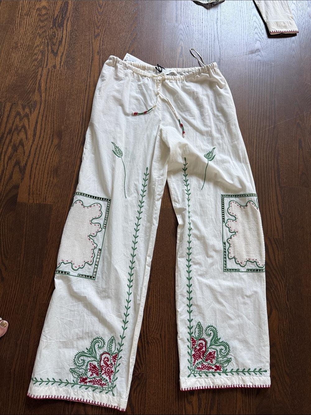 Zara Bohemian Embroidered Wide-Leg Pants - White with Green & Red.